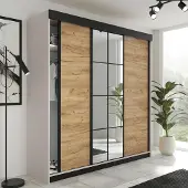 FURMEB24 3-türiger Schiebetürenschrank LAMER 250x205 cm Kleiderschrank mit Spiegel (Kaschmir + goldene Eiche)