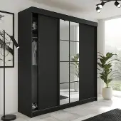 FURMEB24 3-türiger Schiebetürenschrank LAMER 200x205 cm Kleiderschrank mit Spiegel (schwarz + schwarz)