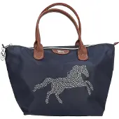 Depesche 13690 Miss Melody Luxury Horse - Umhängetasche in Dunkelblau und Braun, mit Pferde Motiv und kleinen Nieten, Handtasche mit längenverstellbarem Tragegurt