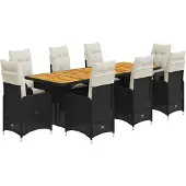 Syfax 9-tlg. Garten-Bistro-Set mit Kissen Schwarz Poly Rattan