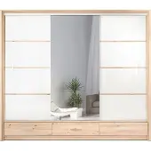 Furniture24 Kleiderschrank Alaska 255x220x66cm Schwebetürenschrank Spiegel Schubladen Artisane Eiche Weiß Glanz
