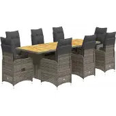 Syfax 9-tlg. Garten-Bistro-Set mit Kissen Grau Poly Rattan