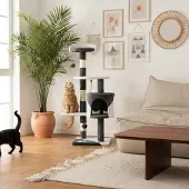Belviona Katzenkratzbaum, kompakter 112 cm Kratzbaum mit Spielbällen, Sisal & Kuschelhöhle, grau/weiß