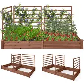 Costway Hochbeet mit 2 Pflanzkästen und 3 Rankhilfen, Outdoor-Holzpflanzkasten-Set, Braun, 222x114x110cm