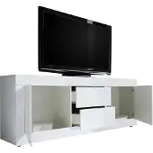 Dmora TV-Möbel Sinello 210x43x65 cm, Hochglanz Weiß, 2 Fächer, Grifföffnung