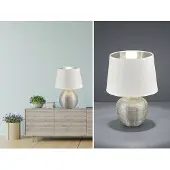 RL Keramik Tischleuchte LED 35cm hoch mit Stofflampenschirm Ø 24cm in Weiß / Silber