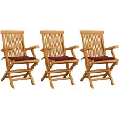 Syfax Gartenstühle mit Weinroten Kissen 3 Stk. Massivholz Teak