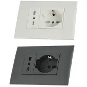 Electraline BIVALENTE-STECKDOSEN-SET (ITALIEN/DEUTSCH) MIT HALTERUNG UND -ABDECKPLATTE. Farbe: Schwarz