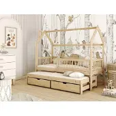 Fun-Möbel Hausbett Kinderbett PERLE 200x90cm Kiefer Massiv Natur inkl. Zusatzbett