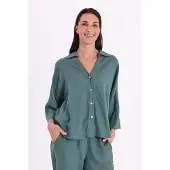 Freequent Hemdbluse "FQLAVA-SHIRT", Damen, Gr. S, grün (schwarz forest), Web, Obermaterial: 55% Leinen, 45% Viskose, hüftlang, V-Ausschnitt, Blusen Hemdbluse