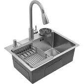 OEM Küchenspüle, Ausziehbarer Wasserhahn, Rechteckiges Einzelbecken, Silber