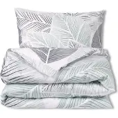 Markenlos Satin Bettwäsche Set 160x200 EXKLUSIV Blätter in Grün- und Grautönen