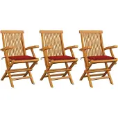 Syfax Gartenstühle mit Roten Kissen 3 Stk. Massivholz Teak