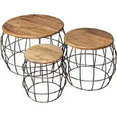 Levandeo 3er Set Couchtische Mango Rund Natur Eisen Schwarz Design Holz Beistelltisch