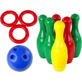 HOT Games Bowling-Set für Kinder ab 1 Jahr mit 6 stapelbaren Kegeln, 3 Ringo Pucks und Bowlingkugel mit Grifflöchern
