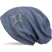 StyleBREAKER Beanie "Beanie Mütze mit Strass Nieten Stern", Damen, blau (jeansblau meliert), Obermaterial: 100% Viskose CV., Modisch, Mützen Beanie