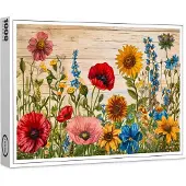 Raxxa Premium-Puzzle "Poppies and Wildflowers on Soft Rustic Wood", 1000 Teile