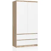 Akord Kleiderschrank S90 Sonoma-Eiche 90 cm 2 Türen 2 Schubladen 4 Ebenen Front Weiß B90 x H180 x T51 cm
