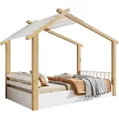 SOFTWEARY Hausbett, 90x200 cm, Kinderbett mit Lattenrost, Holzbett, Einzelbett, Kiefer