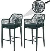 Mendler 2er-Set Rope-Barhocker HWC-P91, Barstuhl Tresenhocker, Outdoor Sitzpolster Seilgeflecht Metall grün