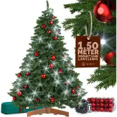 Casaria Premium Weihnachtsbaum 150cm Set mit Christbaumkugeln 54 Stück rot 20m Lichterkette kaltweiß FSC-zertifiziert naturgetreu Holzständer Baum