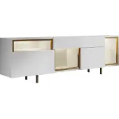 Skye Decor , Hochwertiger TV-Ständer, 180 cm, Weiß & Gold | 100% melaminbeschichtete Spanplatte, 18 mm dick | Metallbeine, Wandmontage, LED-Beleuchtung, Fernbedienung, modern & funktional.