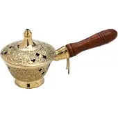 Unyqoos Räucherpfännchen aus Messing – goldene Räucherschale mit Holzgriff, Ø 7 cm, Länge 17 cm, Höhe 8 cm – für Weihrauch & Räucherwerk