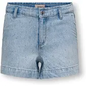 ONLY Jeansshorts "KOGCOMET WIDE RHINESTONE SHORTS DNM", Mädchen, Gr. 140, N-Gr, blau (light blau denim detail:rhinestones), Denim/Jeans, Obermaterial: 100% Baumwolle, Jeans Jeansshorts
