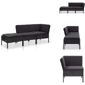 vidaXL 3-tlg. Garten-Lounge-Set mit Auflagen Poly Rattan Schwarz - Gartenmöbel-Sets