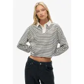 Superdry für Damen. W6012175A Gestreiftes Poloshirt Rugby beige (XL), Lässig, Baumwolle, Langarm