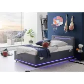 Meise Stauraumbett Circle 120x200 cm | Bettkasten & Lattenrost (Federholzrahmen) | LED & USB | Strukturstoff Graphit | Holzfuß schwarz