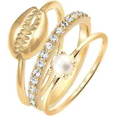 Elli Ring-Set "Ring Set Süßwasserperle Kristalle Muschel 925 Silber" Gr. 54, gold, Fingerringe, Damen, 54, ohne Stein, Silber 925 (Sterlingsilber), 10mm, Ring-Set