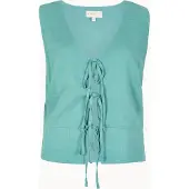 Apricot Stricktop "Leinenmisch-Weste" Gr. 34, blau (aqua, turquoise), Tops, Damen, XS (34), gewebt, Obermaterial: 83% Viskose CV. 17% Leinen LI., uni, Stricktop, mit Bindeband