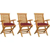 Syfax Klappstühle mit weinroten Kissen, 3-teilig, Massivholz Teakholz