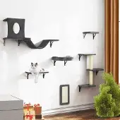 Markenlos Kletterwand für Katzen - XXL, 6 Elemente mit Katzenbaum, Hängematte, Korb, Brücke, Kratzbrett und Pfosten