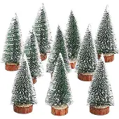 OEM Mini-Weihnachtsbaum aus Holz - 10 Stück | mit Holzbasis und Schneeeffekt