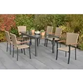 Merxx Garten-Essgruppe "Teramo", braun (natur, natur, graphit), B:56cm H:94cm T:62cm, Aluminium, Kunststoff, Sitzmöbel-Sets, Garten-Essgruppe, inkl. 6 Stapelsessel, 1 Ausziehtisch