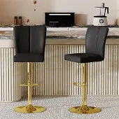 Kein Hersteller Barhocker 2er-Set, höhenverstellbar, 360° drehbar, Kunstleder, Steppmuster, Metallbeine (Black+Gold)