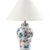 Beliani Tischlampe Weiß und Blau Porzellansockel Leinenglockenschirm mit Blumenmuster Beleuchtung Stilvoll