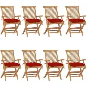 Syfax Klappstühle mit roten Kissen, 8-teilig, Massivholz Teakholz