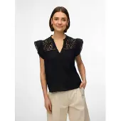 Vero Moda Kurzarmbluse "VMLINE SS V-NECK TOP WVN NOOS", Damen, Gr. M, schwarz, Web, Obermaterial: 100% Baumwolle, unifarben, normal, V-Ausschnitt, Blusen Kurzarmbluse, Baumwolle, Lochstickerei
