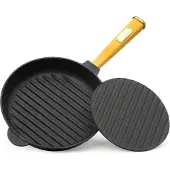 Brizoll Ø24cm Grillpfanne Gusseisen mit Pressdeckel Induktion Holzgriff Bratpfanne Pfanne Feuerpfanne