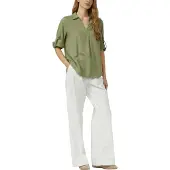 s.Oliver Hemdbluse , Damen, Gr. 46, grün (summer khaki), Web, Obermaterial: 52% Leinen, 48% Viskose, unifarben, regular fit normal, V-Ausschnitt, Manschette, Blusen Hemdbluse, mit 3/4-Ärmeln