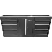 Ks Tools Werkbank freistehend, Edelstahlplatte mit MDF-Kern, 4 Schubladen (75/150/230/230) + Unterschrank, abschließbar, Schubladen 35 kg, Stellfüße, Sockelblenden
