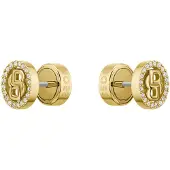 BOSS Paar Ohrstecker "DOUBLE B DIVINE", gold (gelbgoldfarben, edelstahlfarben, kristallweiß, kristallweiß), Ohrringe, Damen, 9mm, Edelstahl, Paar Ohrstecker, mit Glasstein
