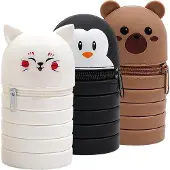 OEM Silikon-Pennentui 2-in-1 für Studenten - Pinguin-Kat-Bär - Schwarz-Weiß-Braun.