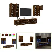 The Living Store 7-tlg. TV-Wohnwand mit LED-Leuchten Räuchereiche