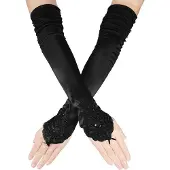 OEM Satijnen Handschoenen, Elleboog Lengte, Voor Bruiloft, Theekransje, Maskerade, Zwart