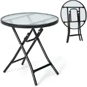 GIANTEX Glas-Gartentisch klappbar, Esstisch aus gehärtetem Glas, Couchtisch, Terrassentisch tragbar (rund)
