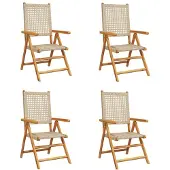 Syfax 4-teiliges Set aus verstellbaren Klappstühlen, beigefarbenes Polyrattan und Massivholz